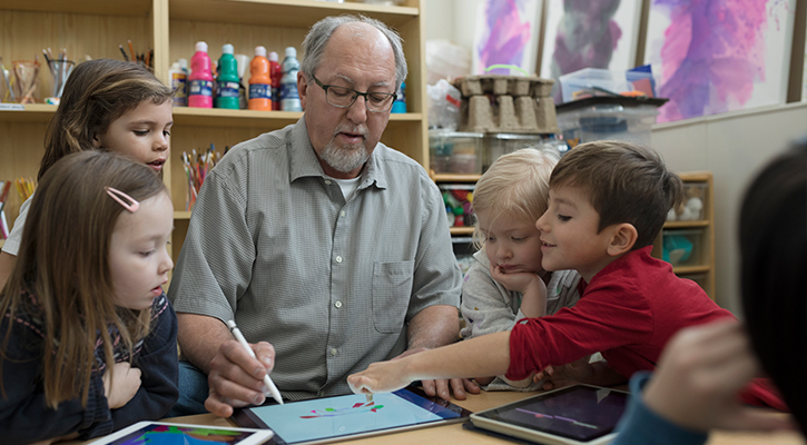 art teacher uses ipad to show kids