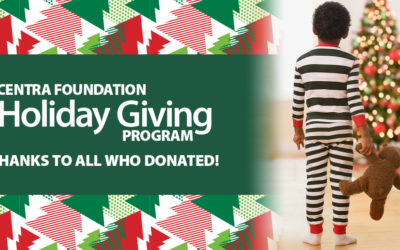 holiday giving program graphic with little kid holding teddy bear looking at a christmas tree
