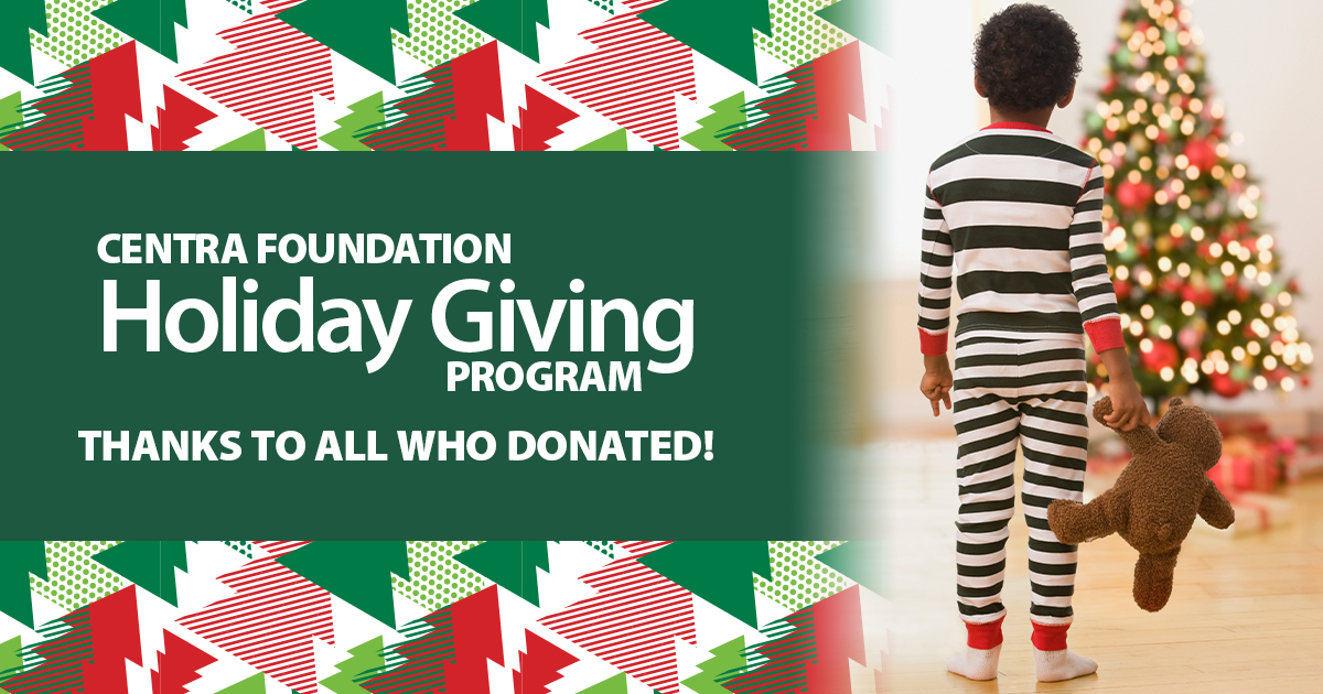 holiday giving program graphic with little kid holding teddy bear looking at a christmas tree