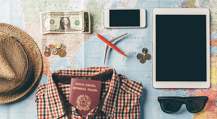 aerial view of a variety of items relating to travleing