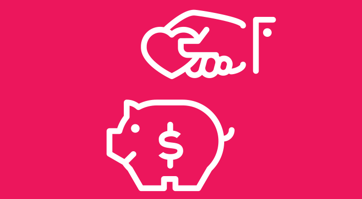 graphic of hand putting a heart into a piggy bank