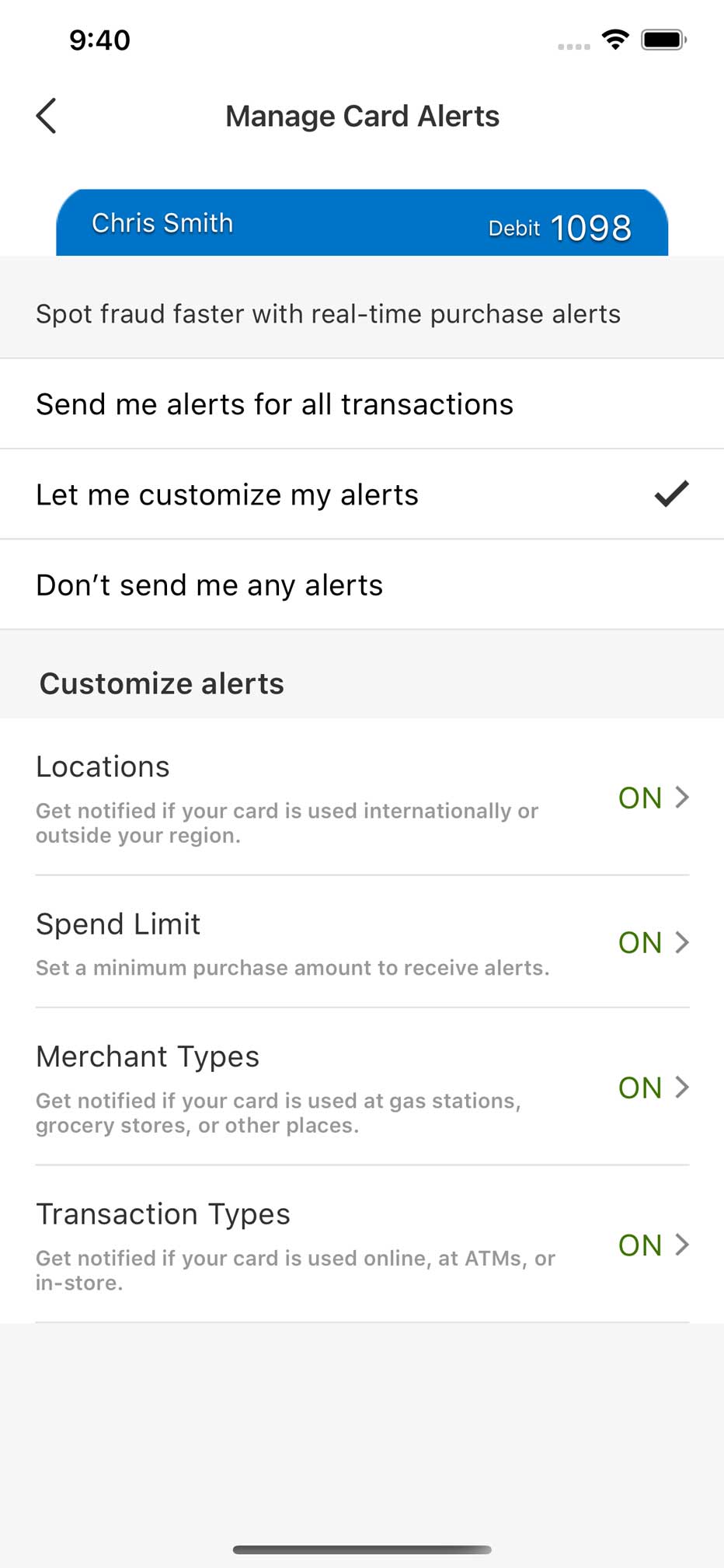 Manage Card Alerts